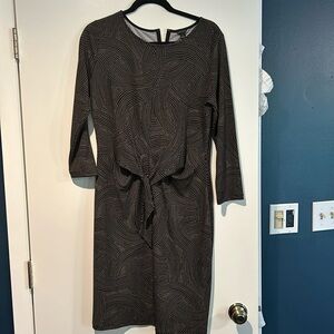 Black print jersey dress with faux tie front